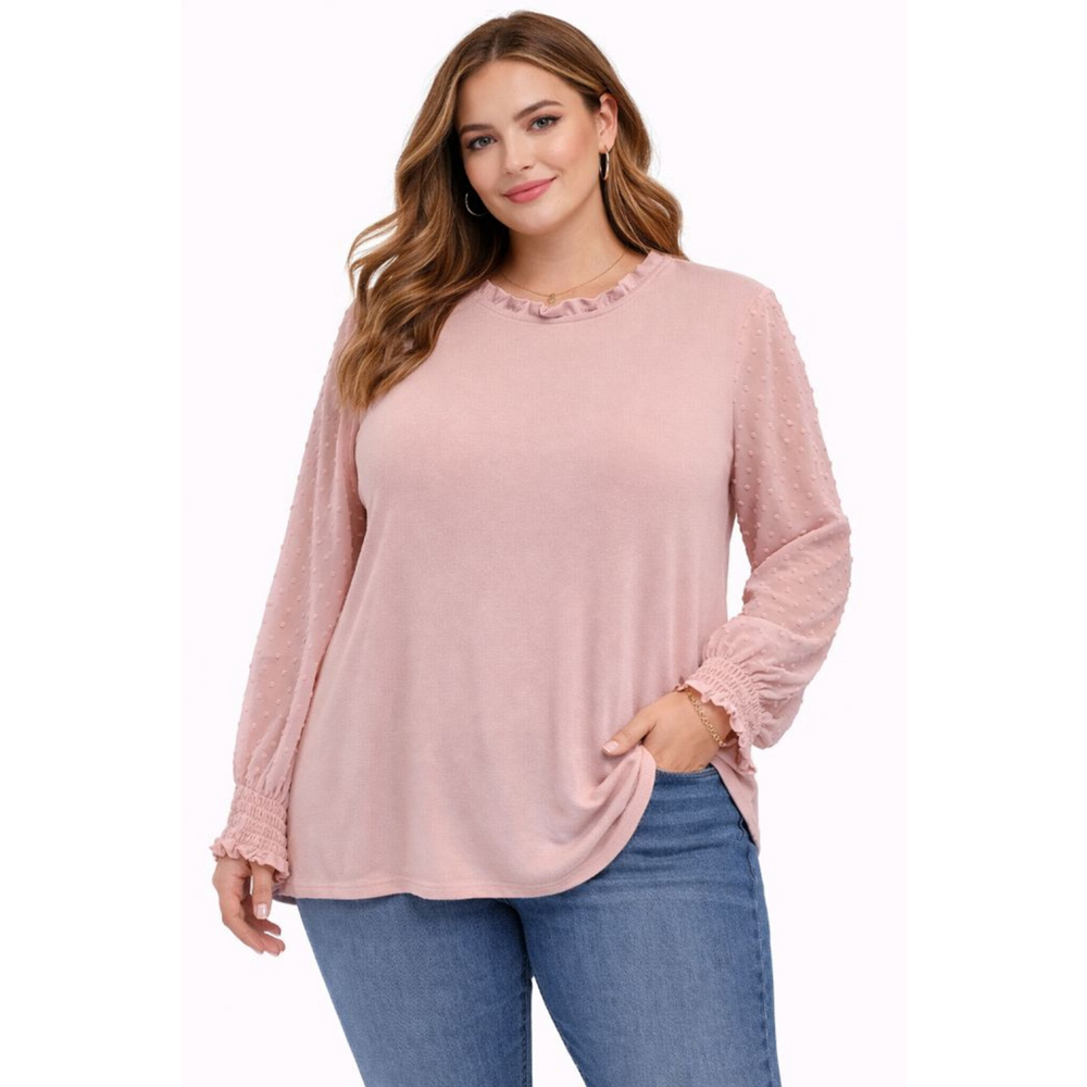 Adrianna Papell XL Blush Pink Swiss Dot Blouse Sheer Sleeve Smocked Cuff Top